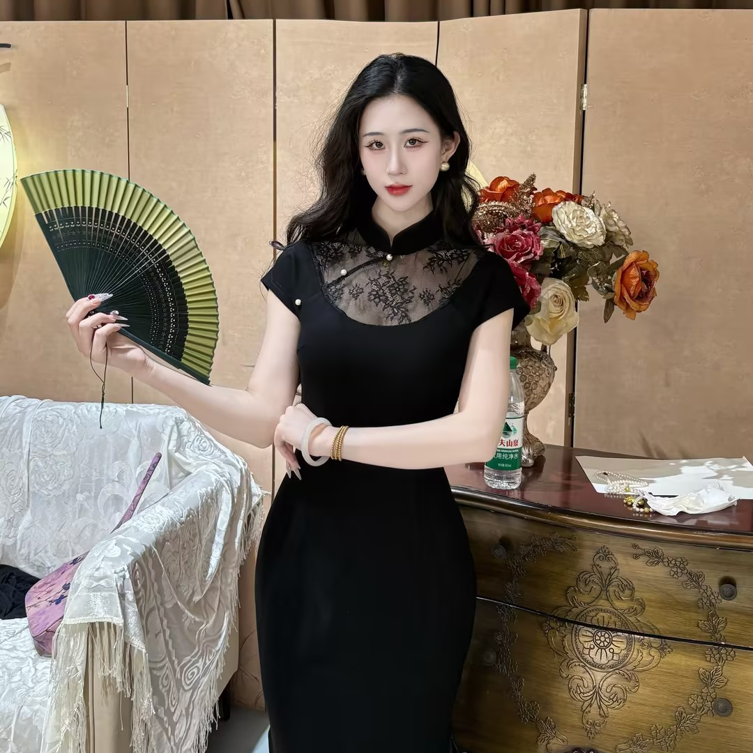 画报夫人原创自制弹力西装拼接蕾丝旗袍 针织淮黑珍珠
