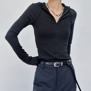 新款黑色休闲早春韩系穿搭打底衫上衣v领长袖连帽T恤薄款针织衫