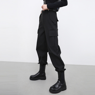 2025新款厚实直筒休闲裤子宽松阔腿束脚黑色加绒工装裤女款秋冬