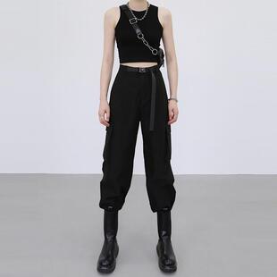 2025新款美式复古宽松束脚日系阔腿直筒加绒黑色工装裤女款秋冬