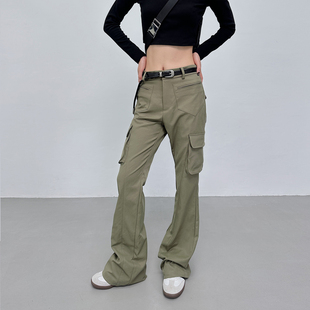 2025新款韩系慵懒风休闲爵士舞黑色加绒裤子冬加厚喇叭工装裤女款