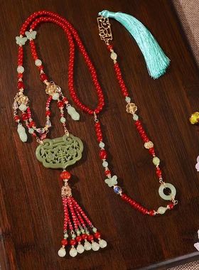 新中式红色仿玉佩流苏项链