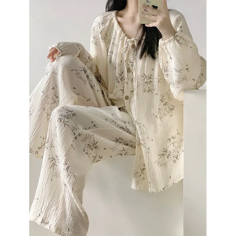 新中式纯棉睡衣女款春秋亲肤纱布气质长袖长裤月子家居服大码套装