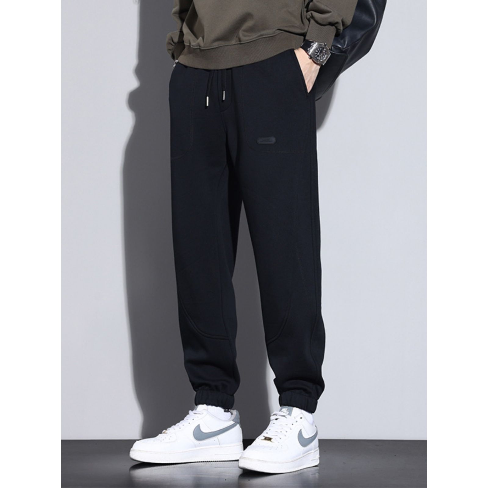 Kuvine秋冬季美式加绒加厚宽松束脚运动卫裤男松紧腰针织休闲裤子