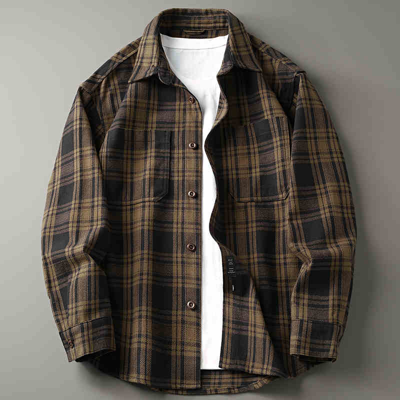 点霸日系复古格子衬衫男女秋冬重磅加厚宽松大码纯棉长袖衬衣外套