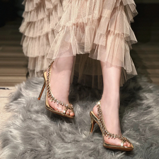 blingbling透明水钻凉鞋女细跟鱼嘴高跟鞋露趾金色性感宴会单鞋