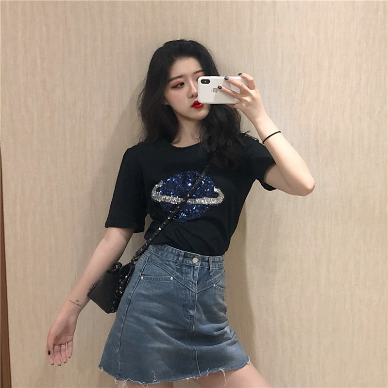 Real shot real price summer Korean version roam the star world handmade pearl cartoon loose round neck short sleeve T-shirt girl