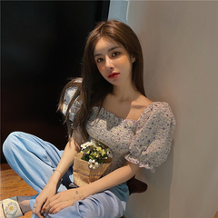 Real price tender retro floral short sleeve shirt women's short slim temperament square collar pleated ear edge top