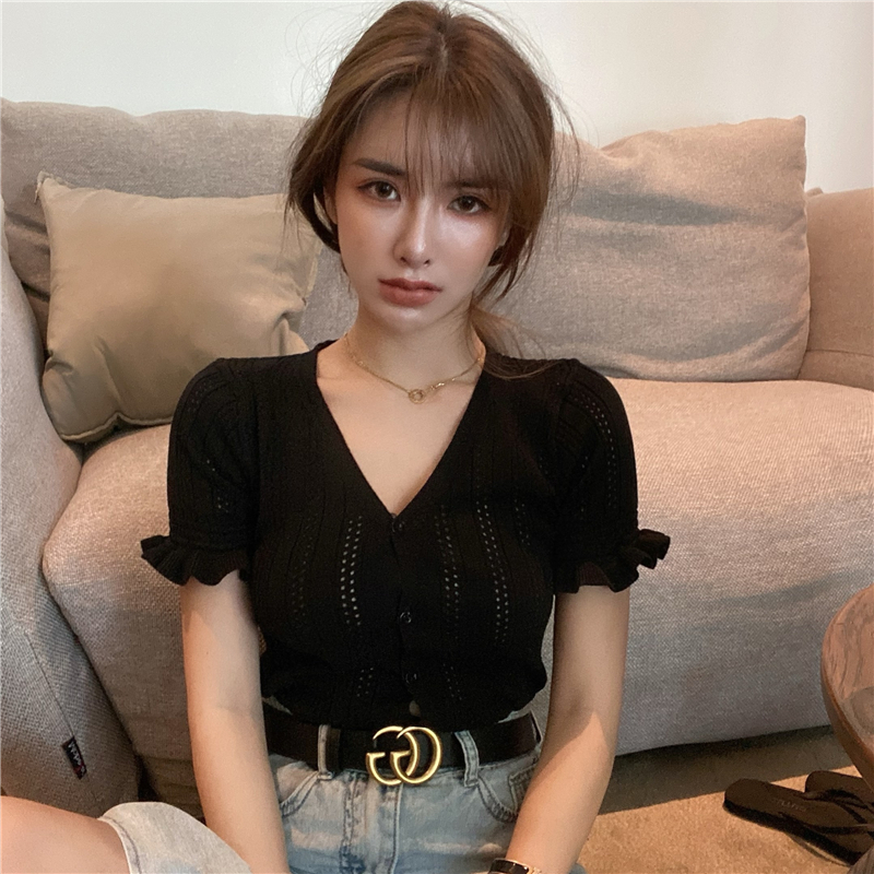 Real price Hong Kong style retro hollow out lotus sleeve T-shirt solid color slim V-neck T-shirt women's top