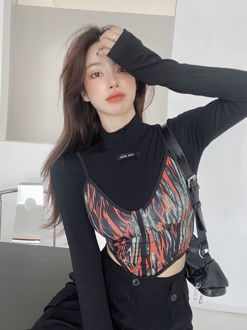 French retro artist color irregular sling half high collar long sleeve T-shirt set