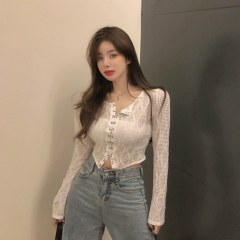 Real price spring new retro Hong Kong Style foreign style buckle sexy hollow out long sleeve lace T-shirt blouse