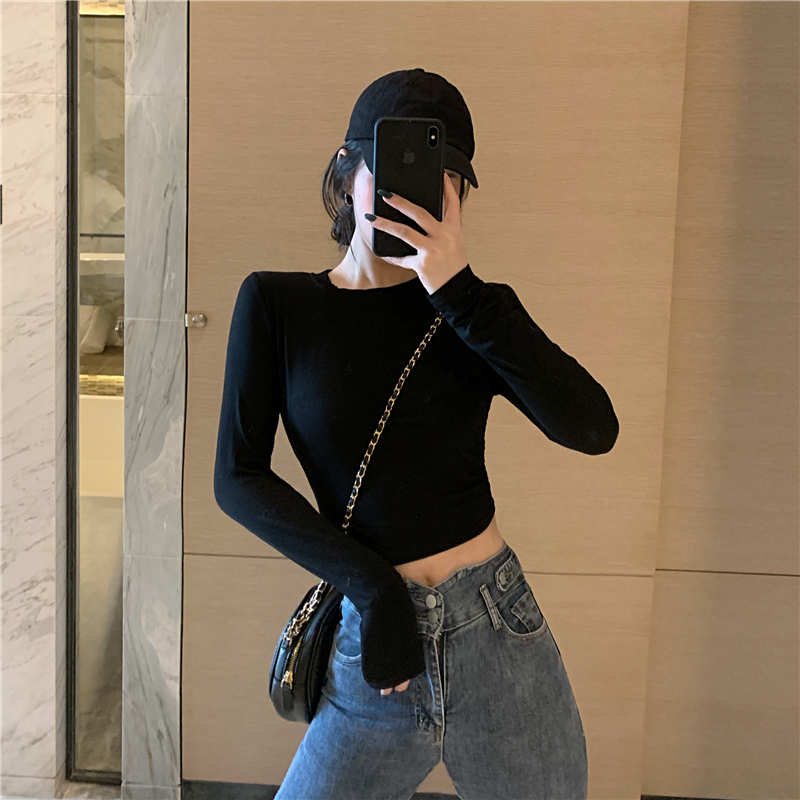 Real price 2021 spring new Korean slim solid color versatile long sleeve T-shirt women's top