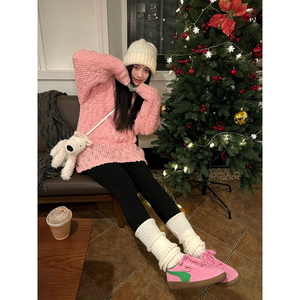 甜美减龄粉色圆领套头毛衣女秋冬季慵懒风宽松显瘦软糯长袖针织衫