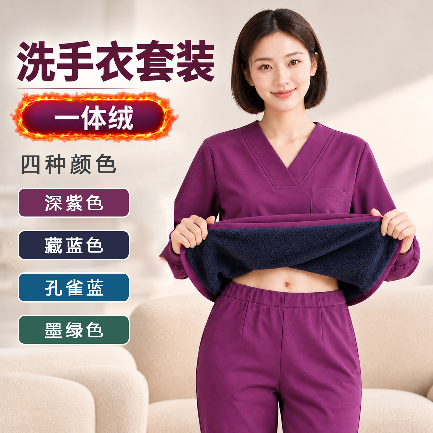 秋冬长袖加绒洗手衣男女同款保暖