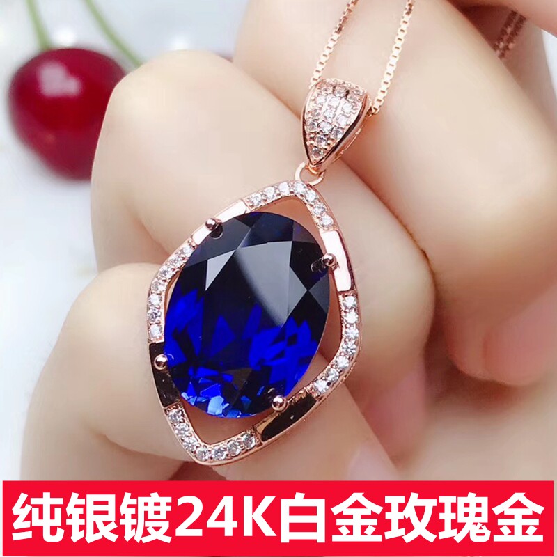 潮流椭圆形蓝宝石纯银吊坠女款玫瑰金项链挂件925银坠子毛衣链diy