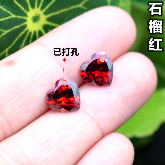 红色心形宝石耳钉吊坠配石石榴红桃心锆石裸钻粉红爱心桃打孔裸石