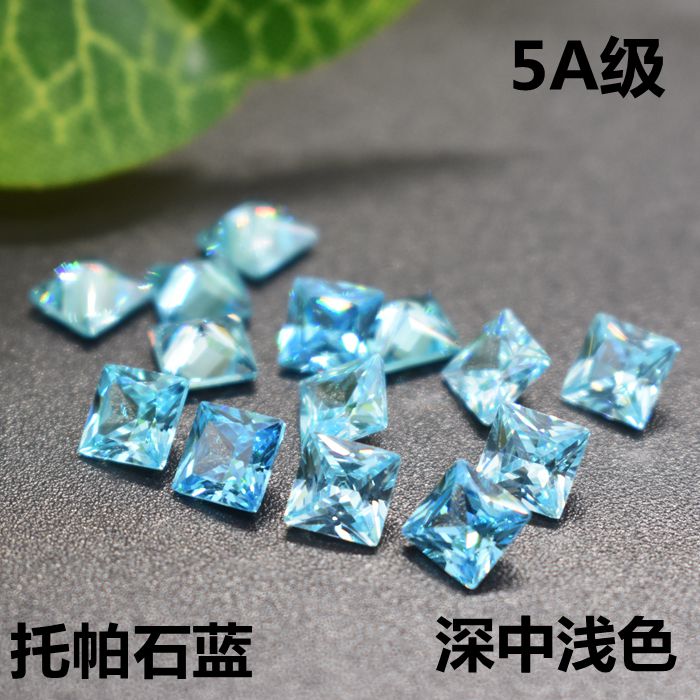 5A级托帕石裸石公主方正方形戒面蓝色戒指主钻配石海蓝宝锆石diy
