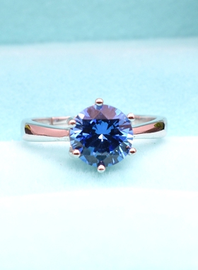 日韩时尚纯银戒指女款白金1克拉钻戒女坦桑石银戒活口礼物925纯银