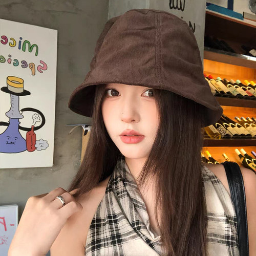 玛诗杜MUSTKOO灯芯绒褶皱渔夫帽复古美拉德桶帽大头围显脸小7159