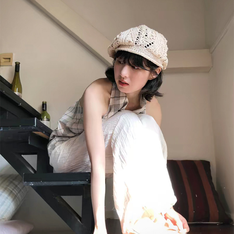 玛诗杜 复古文艺手工钩花针织帽百搭镂空贝雷帽日系麻花帽7747