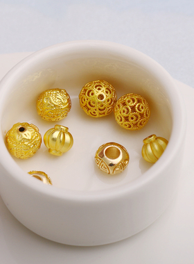 18K14K哑金保色镂空花纹圆球散珠DIY手链项链配珠隔珠串珠古法金