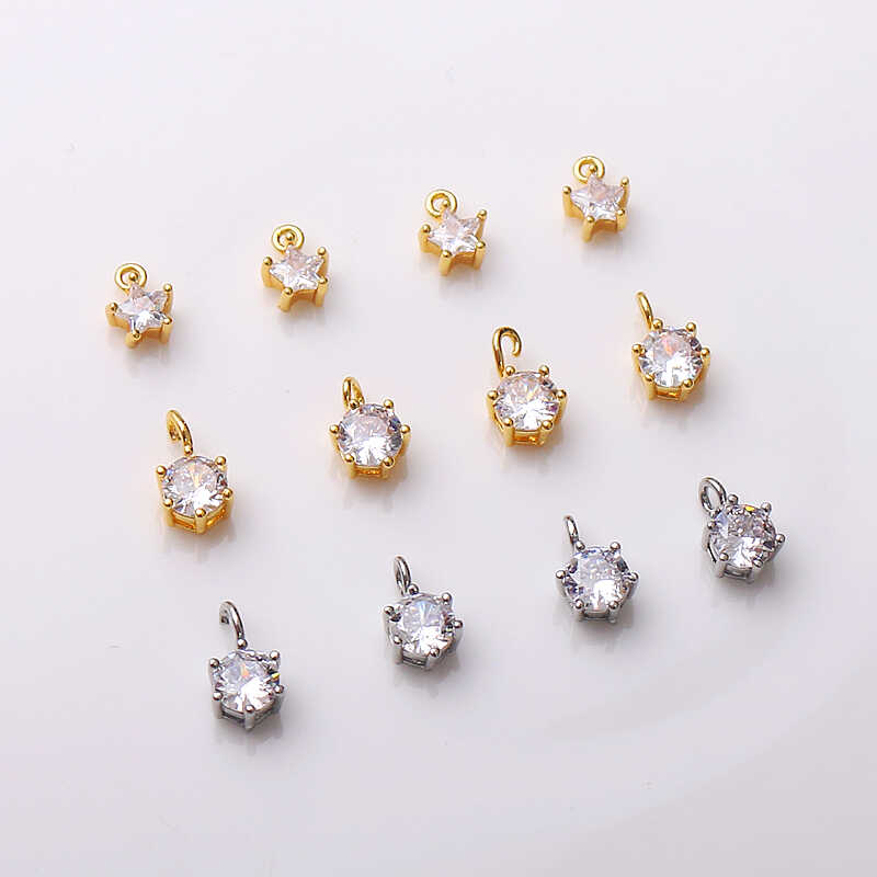 强保色铜镀微镶大锆石五角星隔珠DIY手工饰品配件几何穿孔珠吊坠