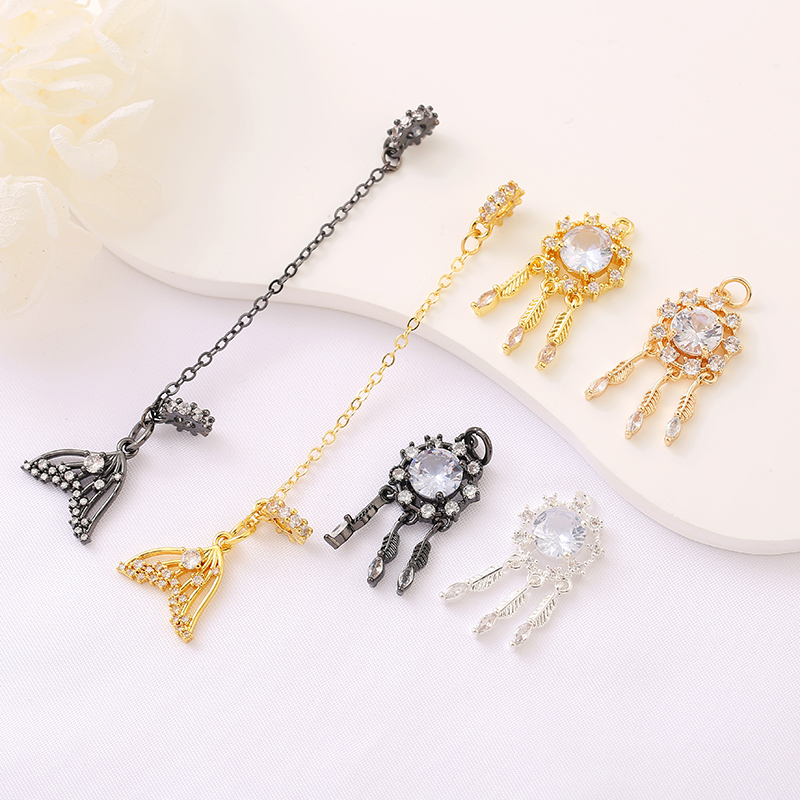 14k金色圆形锆石羽毛吊坠鱼尾链