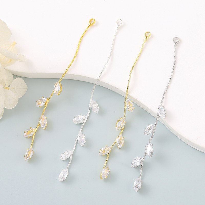 14k18k保色镀真金水钻锆石气质柳叶树叶流苏链条手工diy耳环配件