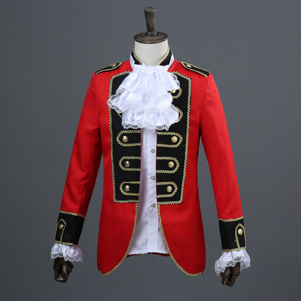 EUROPEAN COURT STYLE RED PRINCE CHARMING PERFORMANCE UNIFORM MALE MILITARY DRESS EPAULETTE HANDSOME SINGER SKIT PROP UNIFORM