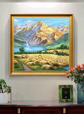 巨人山手绘油画复古欧式客厅餐厅装饰画金山丰收玄关风景正方形画