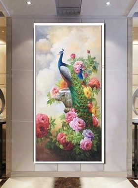 走道门厅新中式风孔雀纯手绘油画
