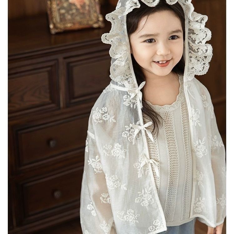 女童蕾丝绣花防晒服2026夏季儿童甜美防晒衣可爱轻薄透气连帽外套