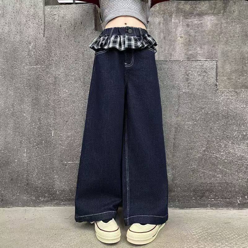 女童裤子春秋款2025新款女大童春装休闲直筒阔腿裤春季格子花边裤