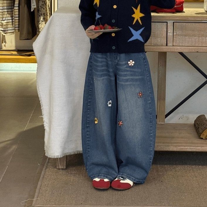 女童秋冬加绒加厚牛仔阔腿裤