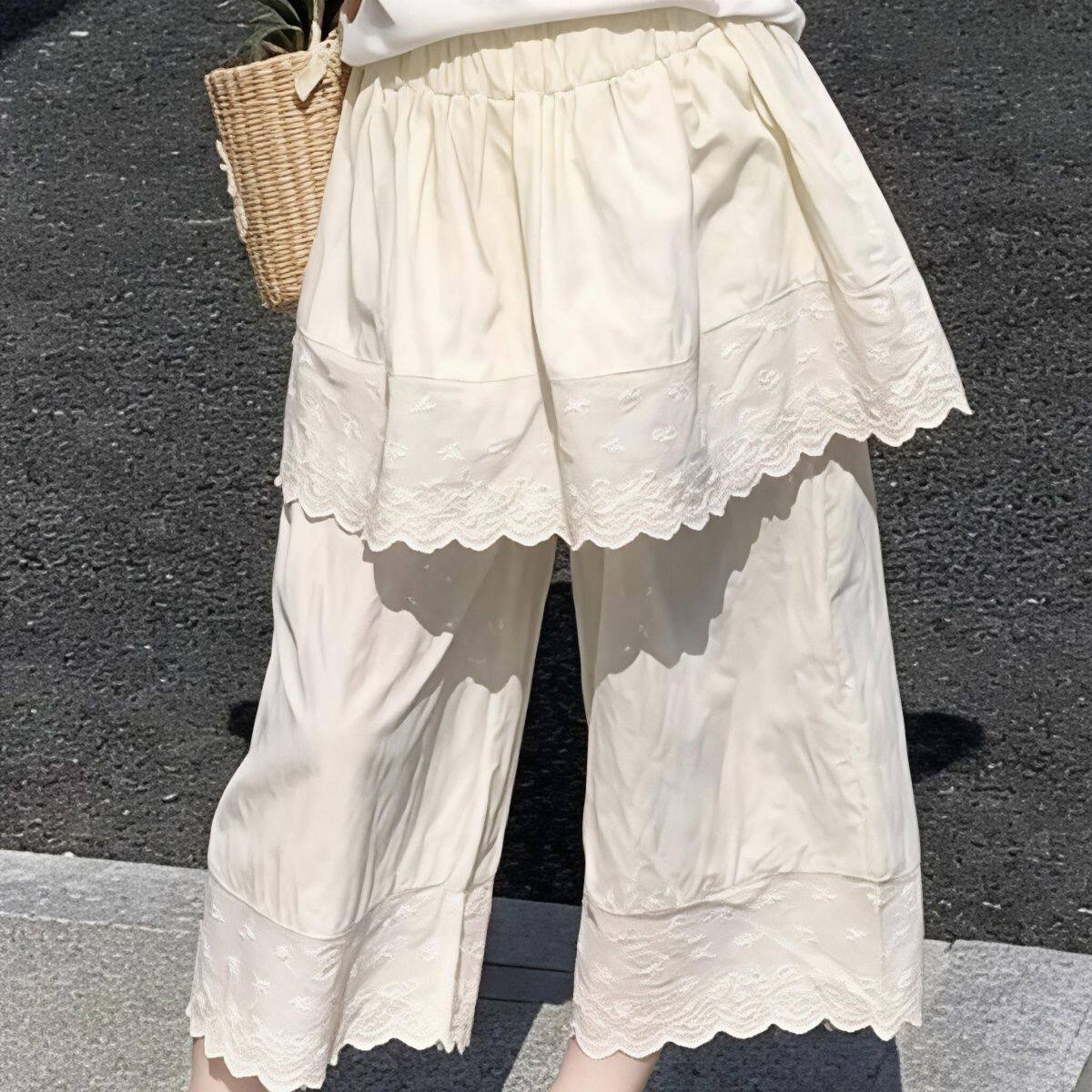 女童裤子夏装洋气蕾丝拼接纯棉假两件阔腿裙裤儿童夏季时髦屁帘裤