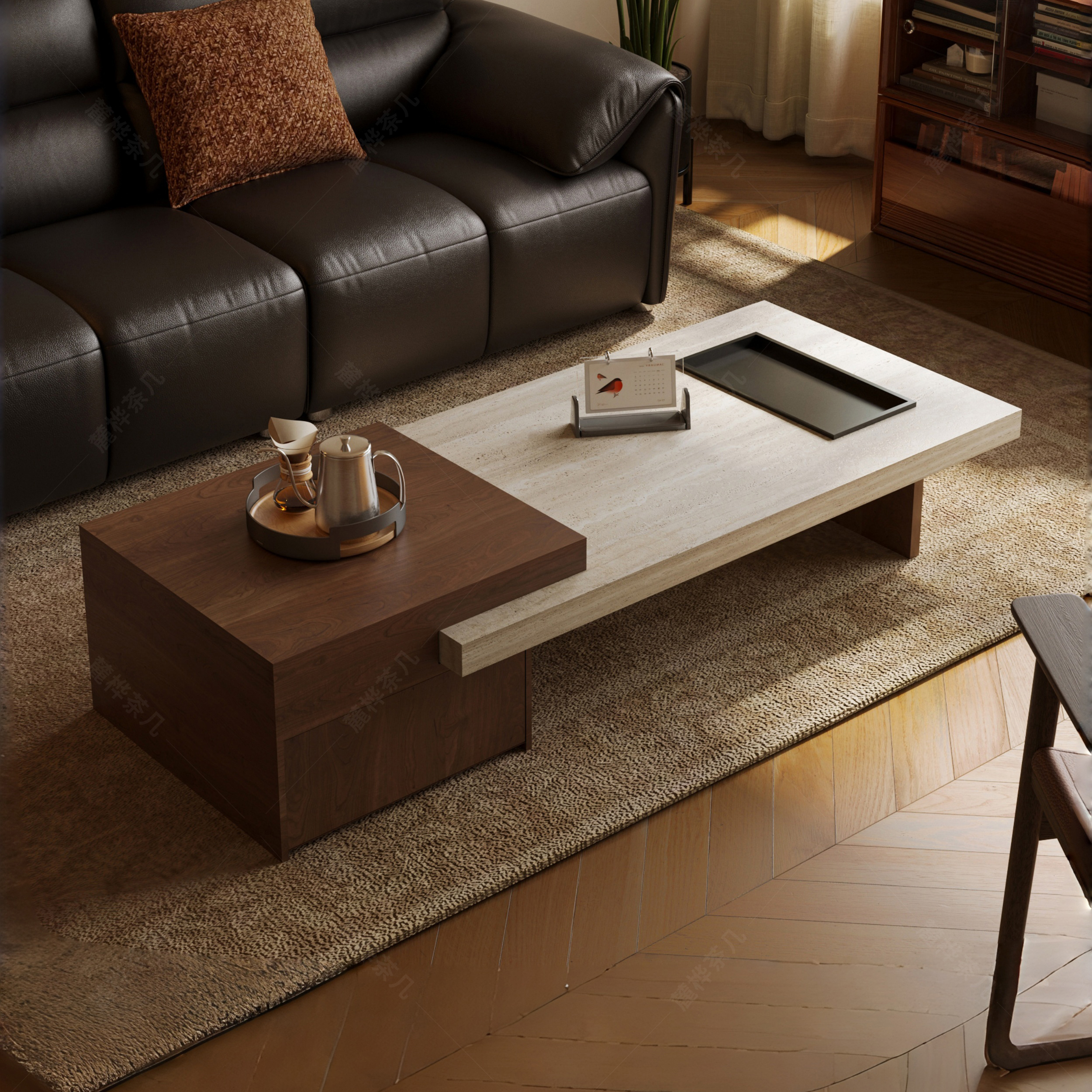 2025新款中古风洞石岩板茶几