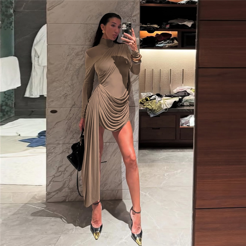 不规则堆褶飘带设计长袖连衣裙女