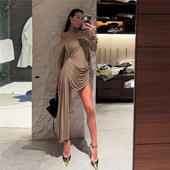 Sisjuly 气场全开优雅lady 不规则堆褶飘带设计修身 长袖 连衣裙女