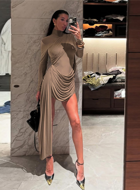 #Sisjuly#气场全开优雅lady 不规则堆褶飘带设计修身长袖连衣裙女