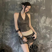 皮革短裙套装 露背挂脖背心 街头搭配潮流辣妹铆钉修身 女 Sisjuly