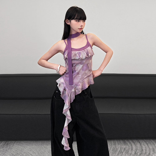 荷叶边晕染围脖吊修身带背心女潮
