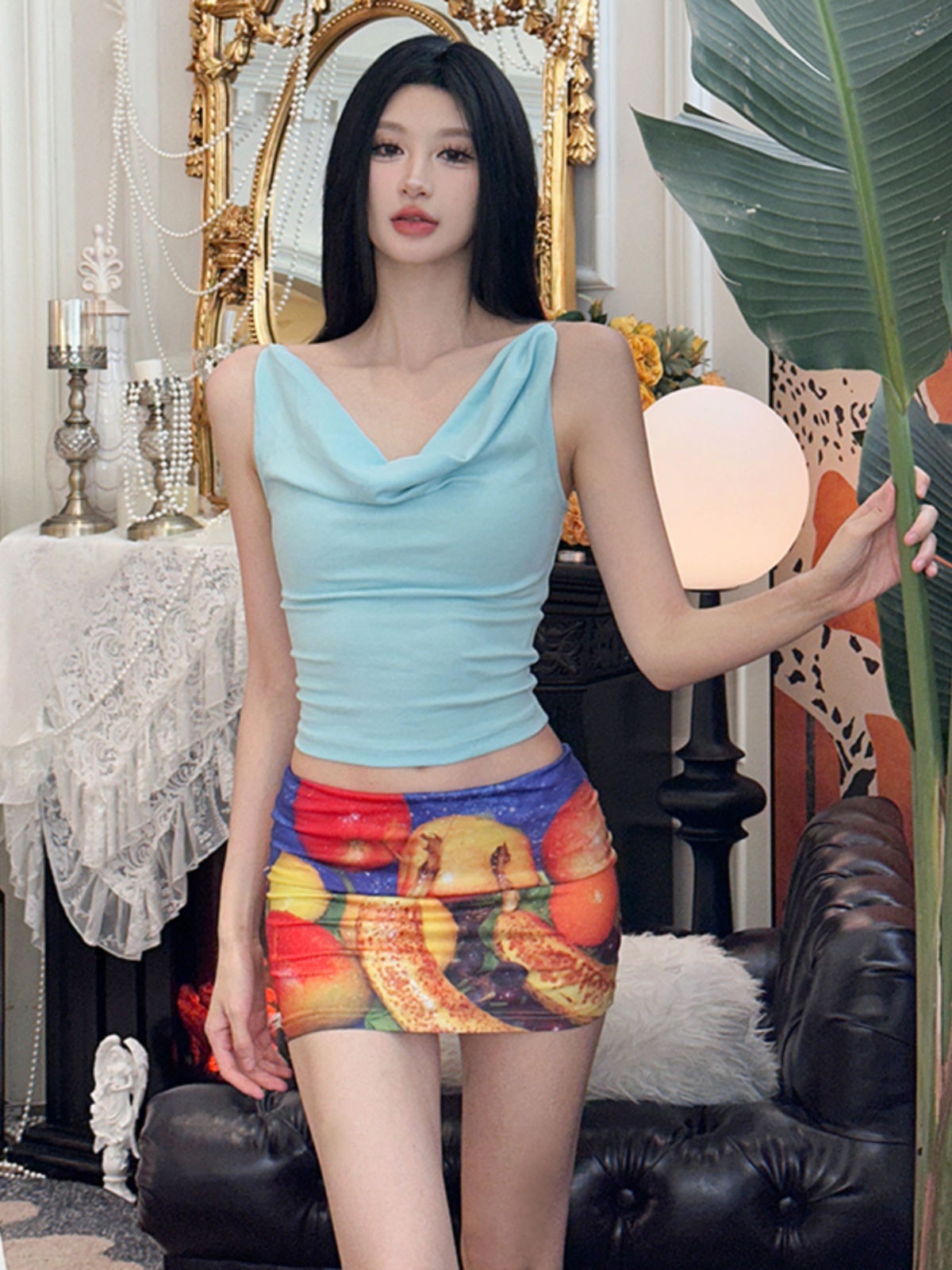 #Sisjuly# Set casual da donna con gonna a mezza lunghezza, stile dipinto a olio, con colletto appeso e gilet color caramella macaron per ragazza dolce_voghion.com