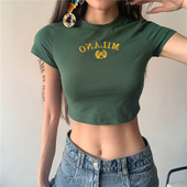 Sisjuly 美式 街头个性 复古修身 T恤女墨绿色字母刺绣显瘦露脐上衣