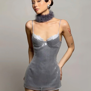 网纱花边亮片修身 派对辣妹迷你裙 时尚 性感吊带连衣裙女 Sisjuly