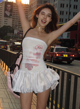 #Sisjuly#北欧漫步甜辣可人 网纱朦胧印花蓬蓬花苞抹胸连衣裙女夏