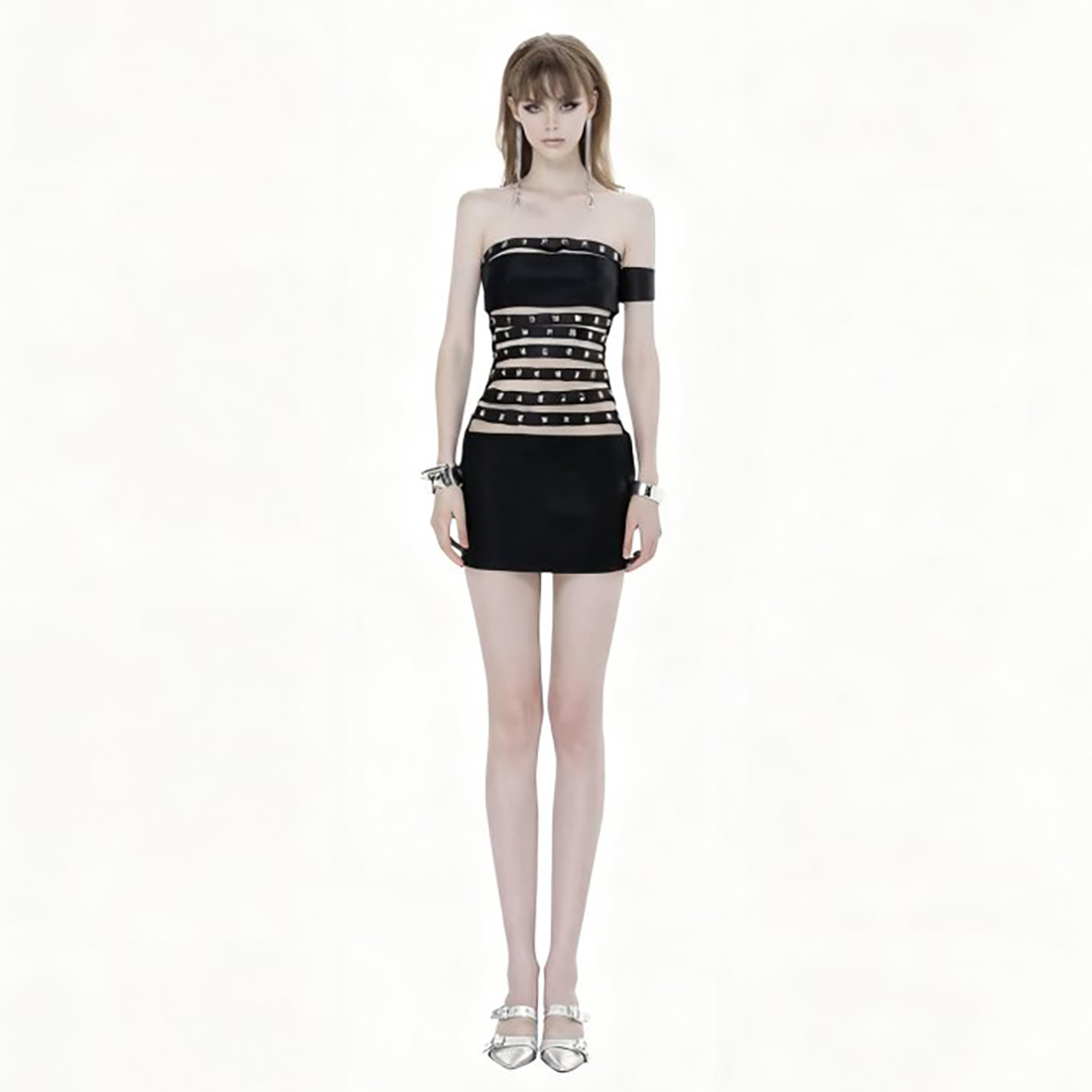 铆钉绷带镂空设计pu皮抹胸连衣裙