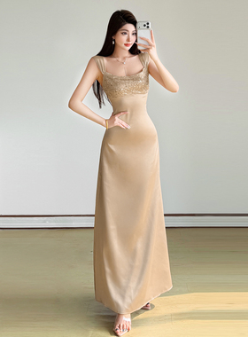 #Sisjuly#法式高雅Luxurious 亮片点缀修身优雅宴会吊带连衣裙女