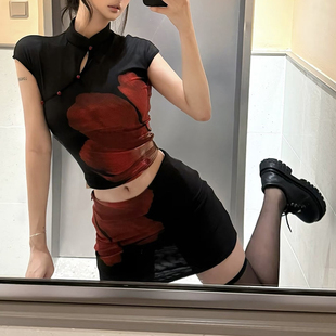 Sisjuly 小高领短袖 叛逆少女 设计感分段式 T恤套裙 一朵大红花