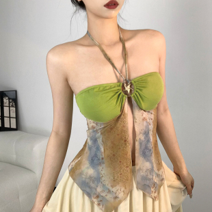 #Sisjuly# 法式夏日清新复古扎染挂脖吊带女 清爽挂脖遮肉背心潮