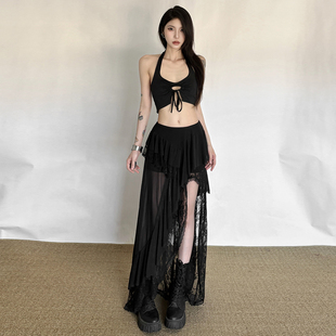 #Sisjuly#复古绝美洛可可 蕾丝网纱拼接透视感开叉不规则半身裙女